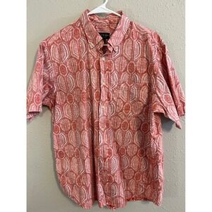David Taylor Mens Large Red White Tribal Print Cotton Short Sleeve Button Down